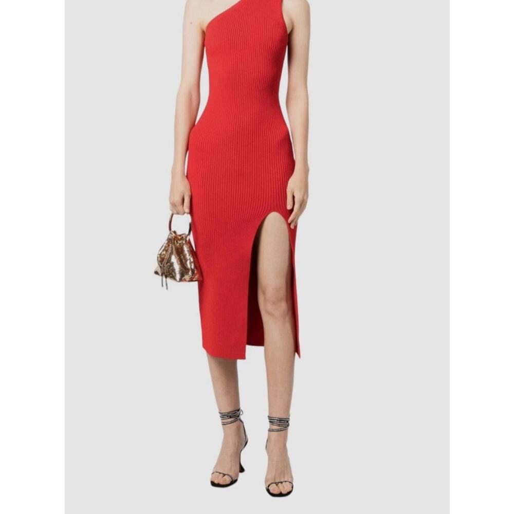 Michael Kors Red One-Shoulder Ribbed Midi Dress with Side Slit
